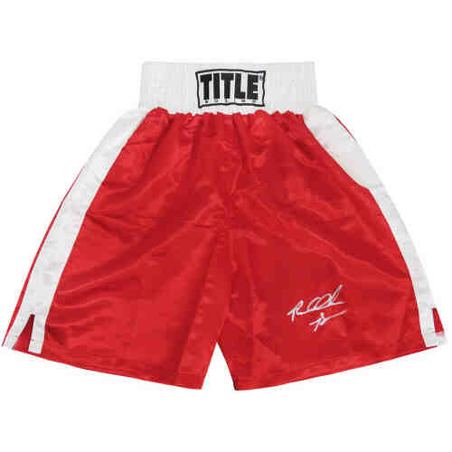 Riddick Bowe Signed Title Red & White Trim Boxing Trunks