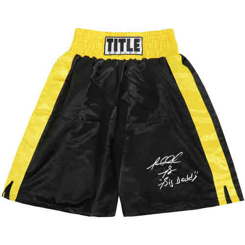 Riddick Bowe Signed Title Balck & Gold Trim Boxing Trunks w/Big Daddy