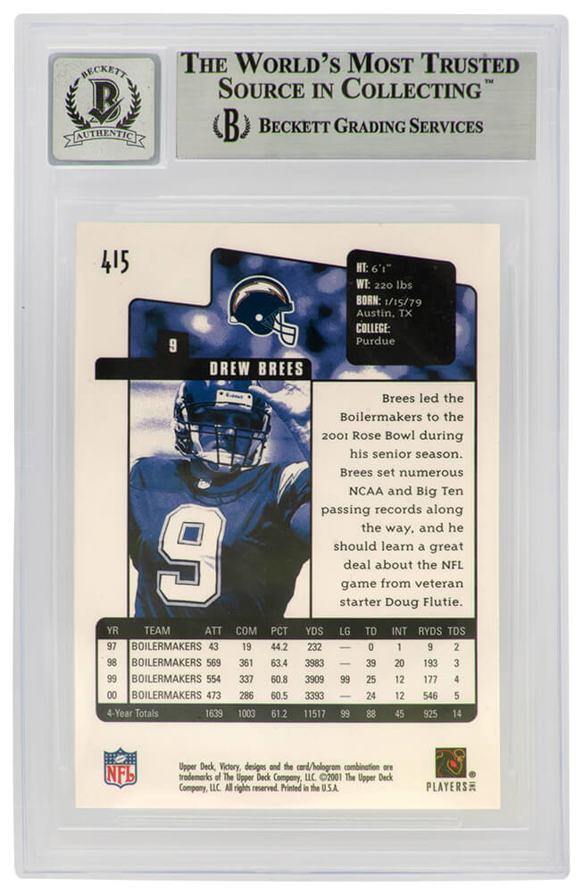 Drew Brees Signed Chargers 2001 Upper Deck Victory Rookie Football Card #415 - (Beckett / Auto Grade 10) - Image 2