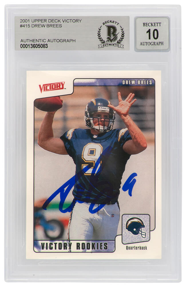 Drew Brees Signed Chargers 2001 Upper Deck Victory Rookie Football Card #415 - (Beckett / Auto Grade 10)