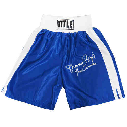 Shannon Briggs Signed Title Blue With White Trim Boxing Trunks w/The Cannon