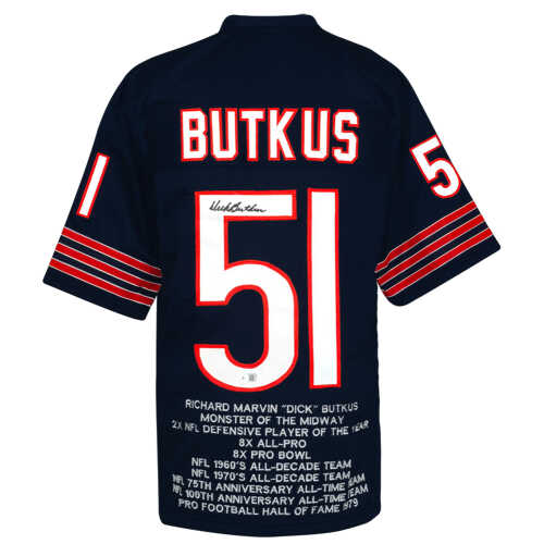 Dick Butkus Signed Navy Embroidered Stat Custom Football Jersey - (Beckett)