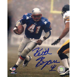 Keith Byars Signed New England Patriots Blue Jersey Action 8x10 Photo
