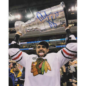 Dustin Byfuglien Signed Blackhawks 2010 SC Holding Trophy 8x10 Photo