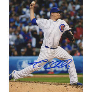 Trevor Cahill Signed Cubs White Pinstripe Jersey Pitching Action 8x10 Photo