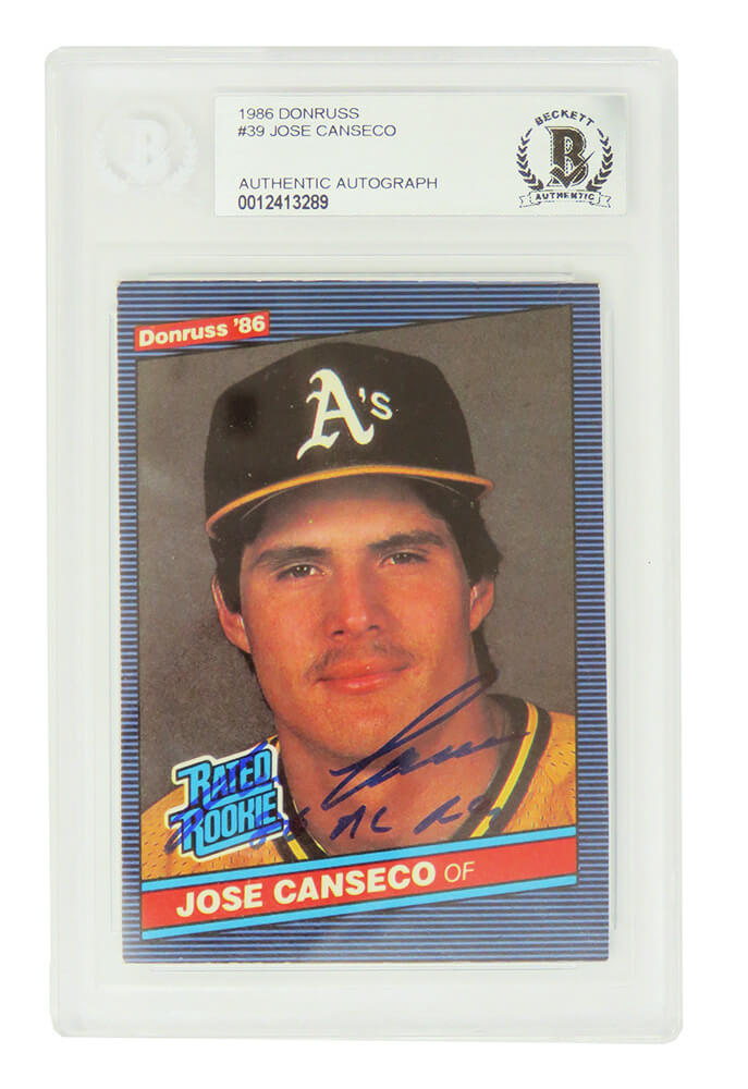 Jose Canseco Signed Oakland A's (Athletics) 1986 Donruss Rookie Card #39  w/86 AL ROY – (Beckett Encapsulated) – Schwartz Sports Memorabilia