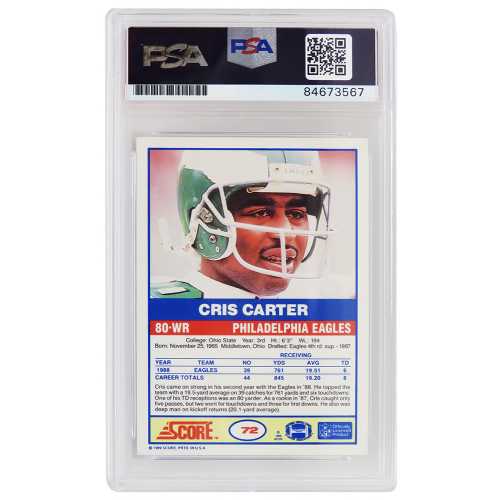 Cris Carter Signed Philadelphia Eagles 1989 Score Football Rookie Card #72 w/HOF'13 (PSA Encapsulated - Auto Grade 10) - Image 2