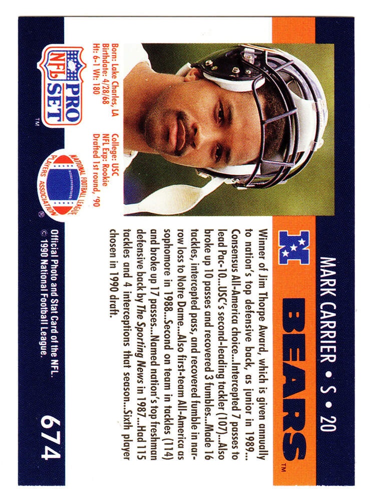 Mark Carrier Signed Chicago Bears 1990 Pro Set Rookie Football Trading Card  #674