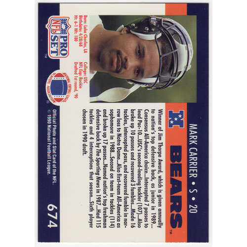 Mark Carrier Signed Bears 1990 Pro Set Rookie Football Trading Card #674 - Image 2