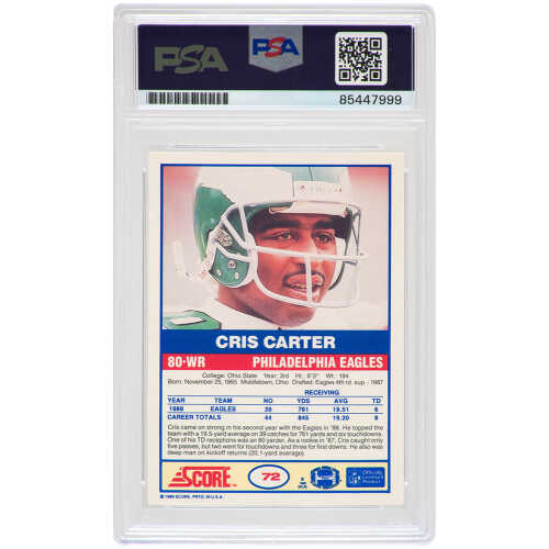 Cris Carter Signed Eagles 1989 Score Football Rookie Trading Card #73 (PSA Encapsulated) - Image 2