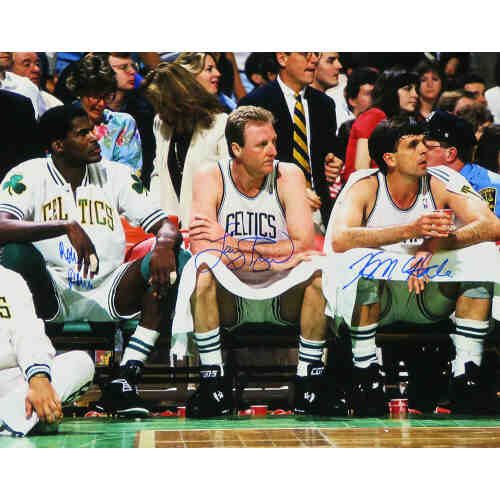 Larry Bird & Kevin McHale & Robert Parish Triple Signed Boston Celtics Sitting On Bench 16x20 Photo