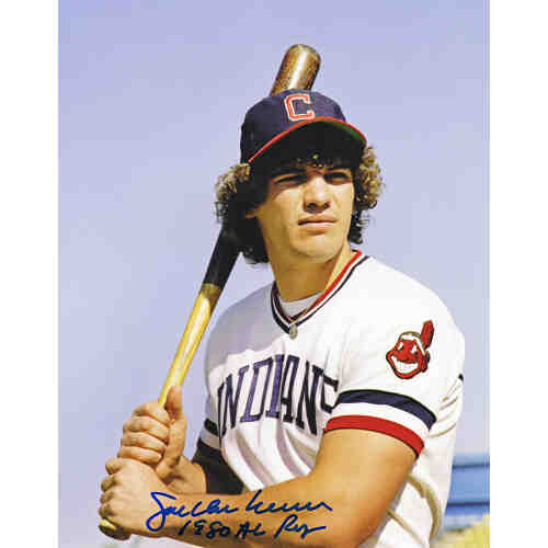 Joe Charboneau Signed Indians White Jersey Bat Pose 8x10 Photo w/1980 AL ROY