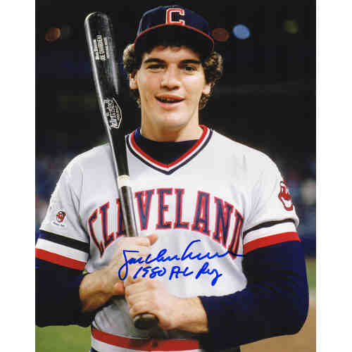 Joe Charboneau Signed Indians White Jersey Holding Bat Pose 8x10 Photo w/1980 AL ROY