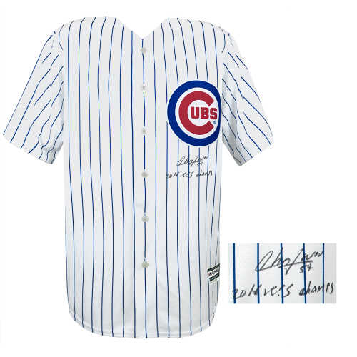 Aroldis Chapman Signed Chicago Cubs White Pinstripe Majestic Replica Baseball Jersey w/16 WS Champs - Image 2