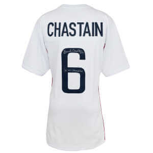 Brandi Chastain Signed White Custom Soccer Jersey w/2x WC Champs