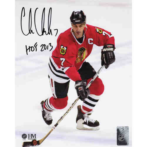 Chris Chelios Signed Chicago Blackhawks With Puck Action 8x10 Photo w/HOF 2013