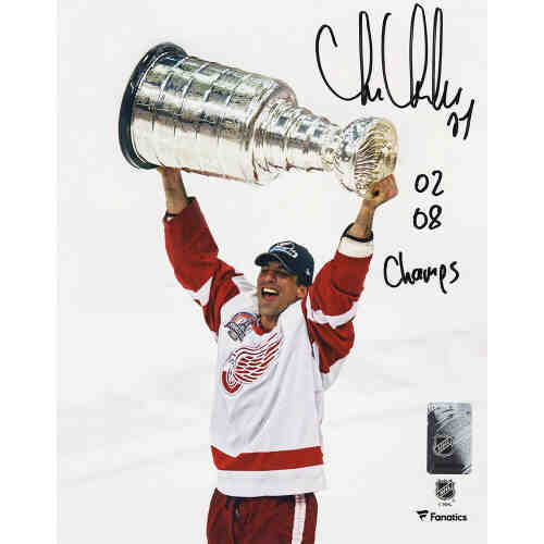 Chris Chelios Signed Detroit Red Wings Holding Stanley Cup 8x10 Photo w/02, 08 Champs