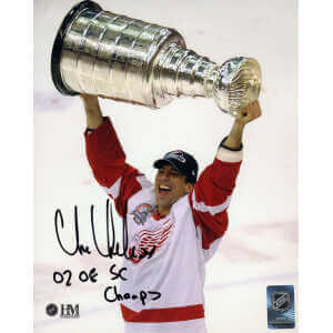 Chris Chelios Signed Detroit Red Wings Holding Stanley Cup 8x10 Photo w/02, 08 SC Champs