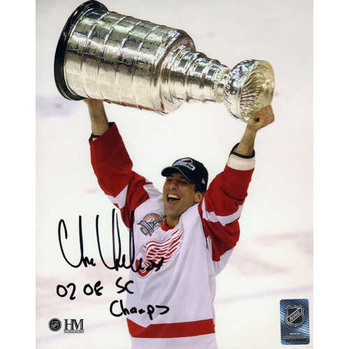Chris Chelios Signed Detroit Red Wings Holding Stanley Cup 8x10 Photo w/02, 08 SC Champs