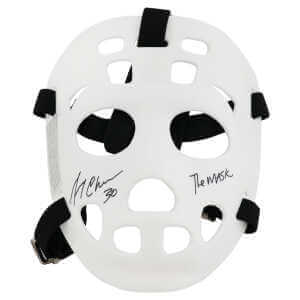 Gerry Cheevers Signed White Throwback Goalie Mask With Black Straps w/The Mask
