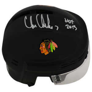 Chris Chelios Signed Blackhawks Black Hockey Mini Helmet w/HOF 2013