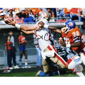 Dwight Clark Signed San Francisco 49ers White Jersey Catching Football 8x10 Photo