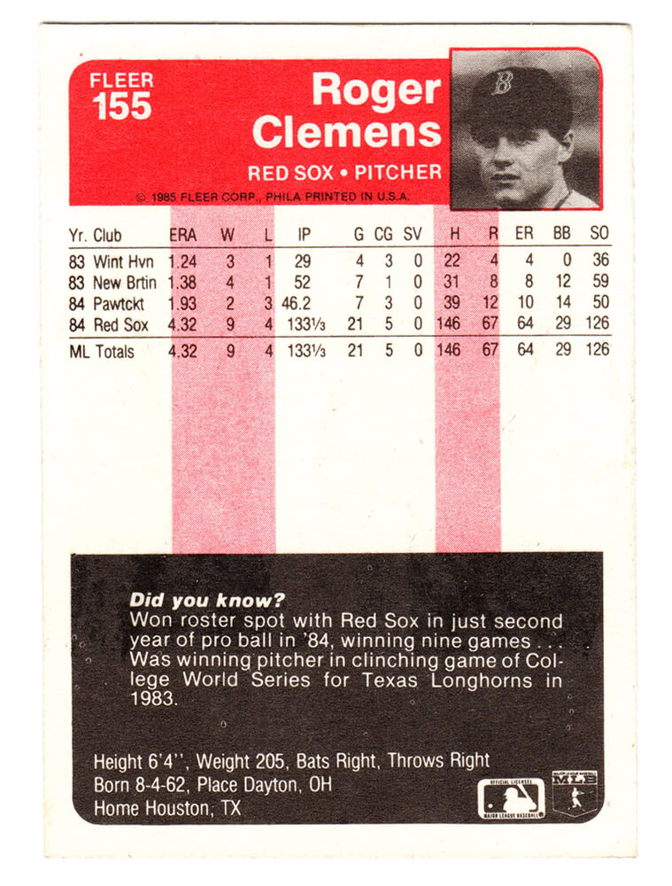 1985 Fleer Baseball #155 Roger Clemens Rookie Card