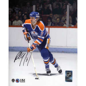 Paul Coffey Signed Edmonton Oilers Blue Jersey Action With Puck 8x10 Photo