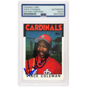 Vince Coleman Signed Cardinals 1986 Topps Baseball Trading Card #370 – (PSA Encapsulated)