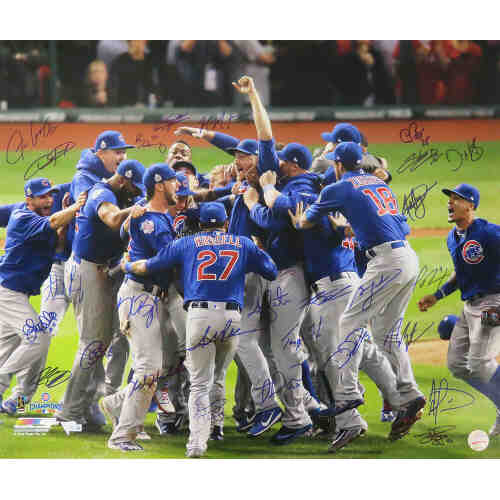 2016 Chicago Cubs Team Signed Chicago Cubs 2016 World Series Pile Up Celebration 20x24 Photo (27 Sigs)