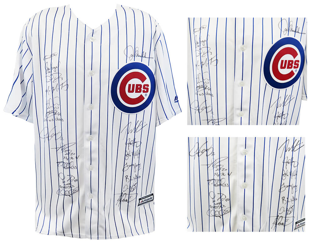 2016 Chicago Cubs Team Signed Chicago Cubs Joe Maddon 2016 WS Patch White  Pinstripe Majestic Jersey (17 Sigs)