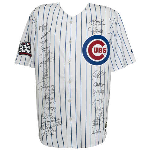 2016 Chicago Cubs Team Signed Cubs Joe Maddon 2016 WS Patch White Pinstripe Majestic Jersey w/WS MVP (24 Sigs)