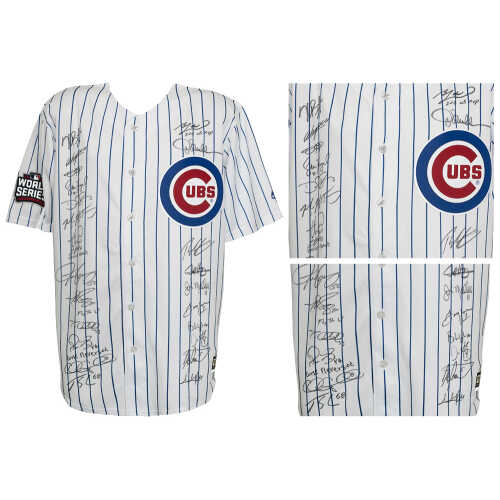 2016 Chicago Cubs Team Signed Cubs Joe Maddon 2016 WS Patch White Pinstripe Majestic Jersey w/WS MVP (24 Sigs) - Image 3