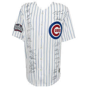 2016 Chicago Cubs Team Signed Cubs Joe Maddon 2016 WS Patch White Pinstripe Majestic Jersey w/WS MVP (26 Sigs)