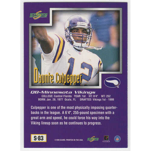 Daunte Culpepper Signed Vikings 1999 Score Supplemental Rookie Football Card #S83 - Image 2