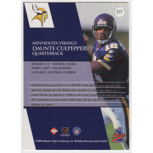 Daunte Culpepper Signed Vikings 1999 Edge Rookie Football Trading Card #177 - Image 2