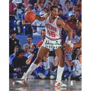 Adrian Dantley Signed Detroit Pistons White Jersey Dribbling Action 8x10 Photo w/HOF 2008