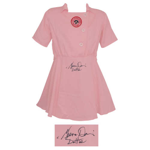 Geena Davis Signed Rockford Peaches Pink Costume Women's Baseball Jersey w/Dottie - Image 2