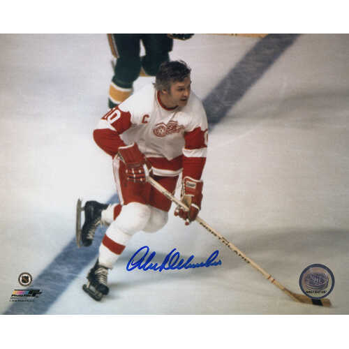 Alex Delvecchio Signed Detroit Red Wings White Jersey Skating Action 8x10 Photo