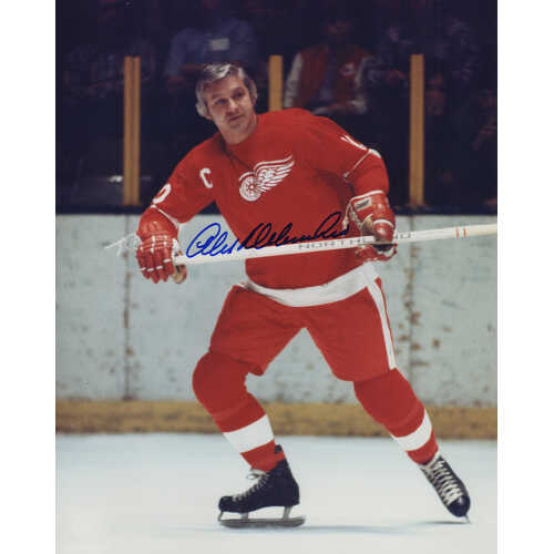 Alex Delvecchio Signed Detroit Red Wings Red Jersey Skating 8x10 Photo