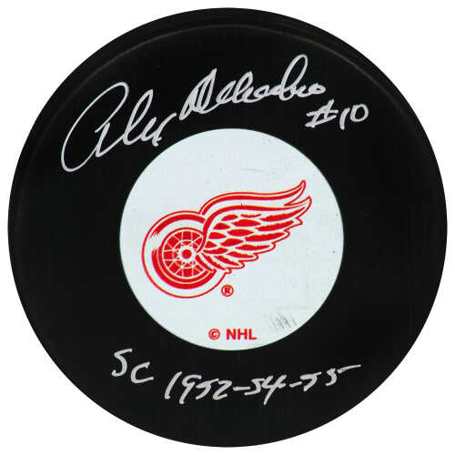 Alex Delvecchio Signed Detroit Red Wings Logo Hockey Puck w/SC 1952-54-55