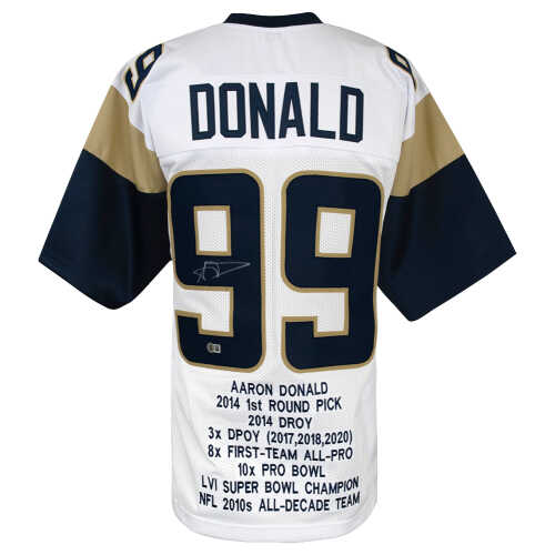 Aaron Donald Signed White Custom Embroidered Stat Football Jersey - (Beckett)