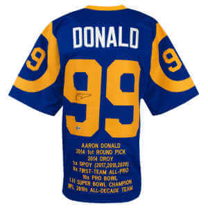 Aaron Donald Signed Blue Throwback Custom Embroidered Stat Football Jersey - (Beckett)