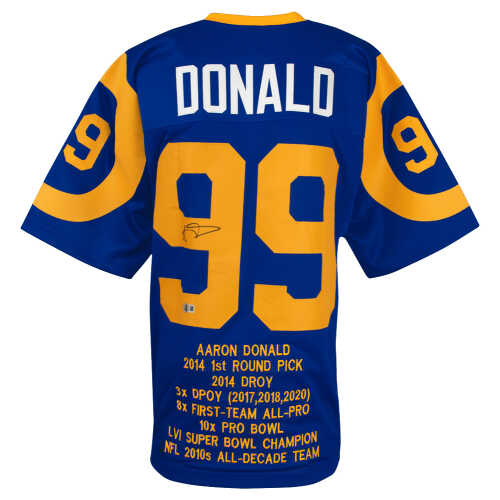 Aaron Donald Signed Blue Throwback Custom Embroidered Stat Football Jersey - (Beckett)