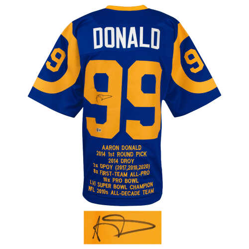 Aaron Donald Signed Blue Throwback Custom Embroidered Stat Football Jersey - (Beckett) - Image 2