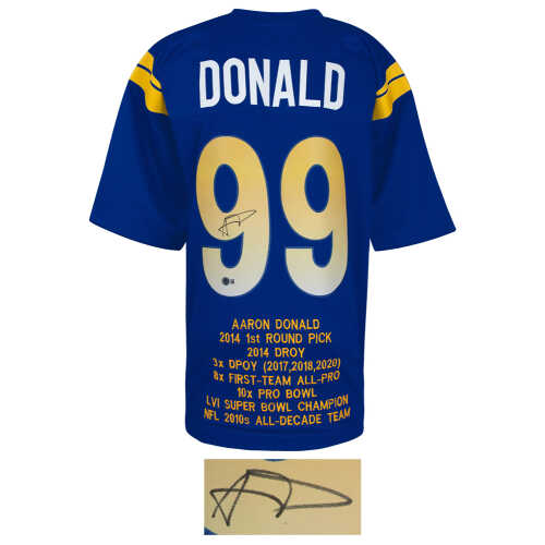 Aaron Donald Signed Blue Custom Embroidered Stat Football Jersey - (Beckett) - Image 2