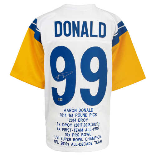 Aaron Donald Signed White Custom Embroidered Stat Football Jersey - (Beckett)
