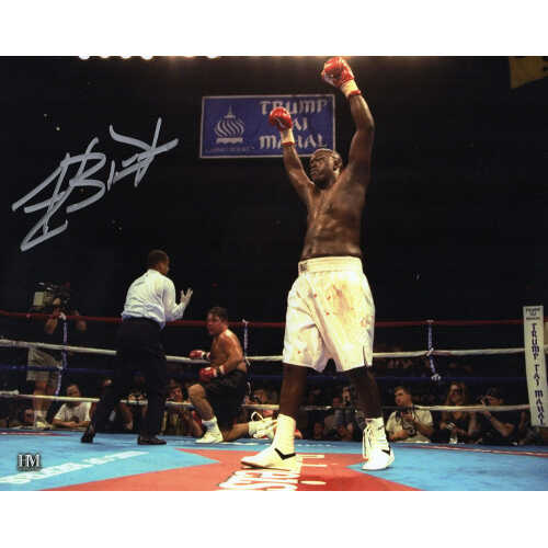 James Buster Douglas Signed Boxing  Arms In Air White Trunks 8x10 Photo