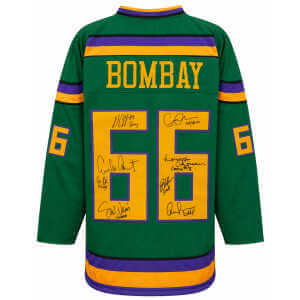The Mighty Ducks Cast Signed Bombay #66 Green Custom Hockey Jersey (Emilio Estevez + 7 Signatures - w/Character Names)