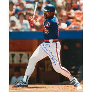 Leon Durham Signed Chicago Cubs Blue Jersey Swinging 16x20 Photo w/Bull